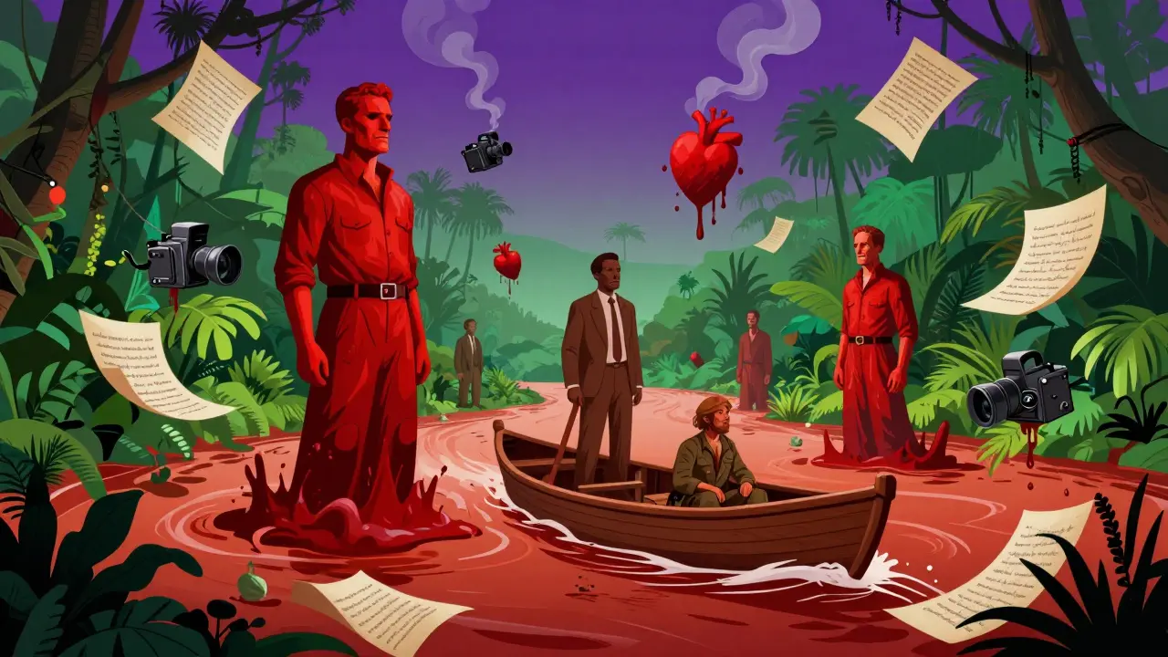 Une rivière ondulante dans une jungle psychédélique où des statues fondantes représentent Kurtz et Willard, entourées de papiers et de cœurs qui se décomposent.