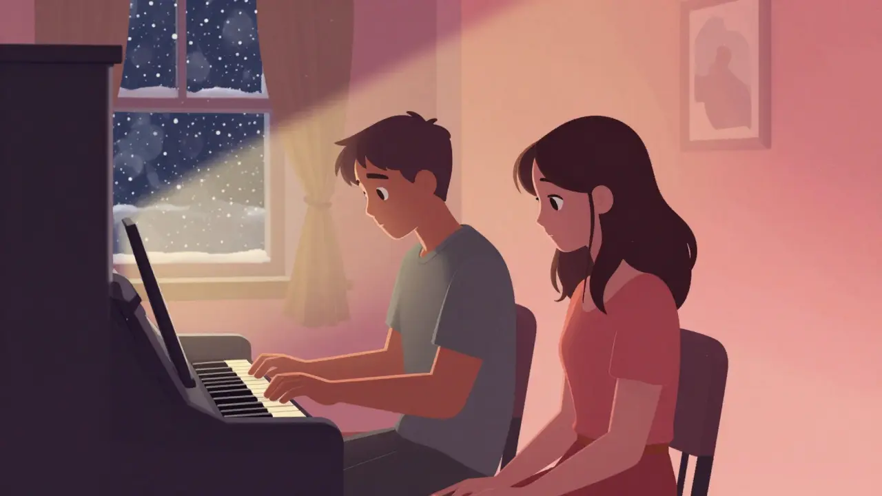 Baxter et Fran assis dans l'obscurité, un piano joue tout seul, la neige tombe à la fenêtre.