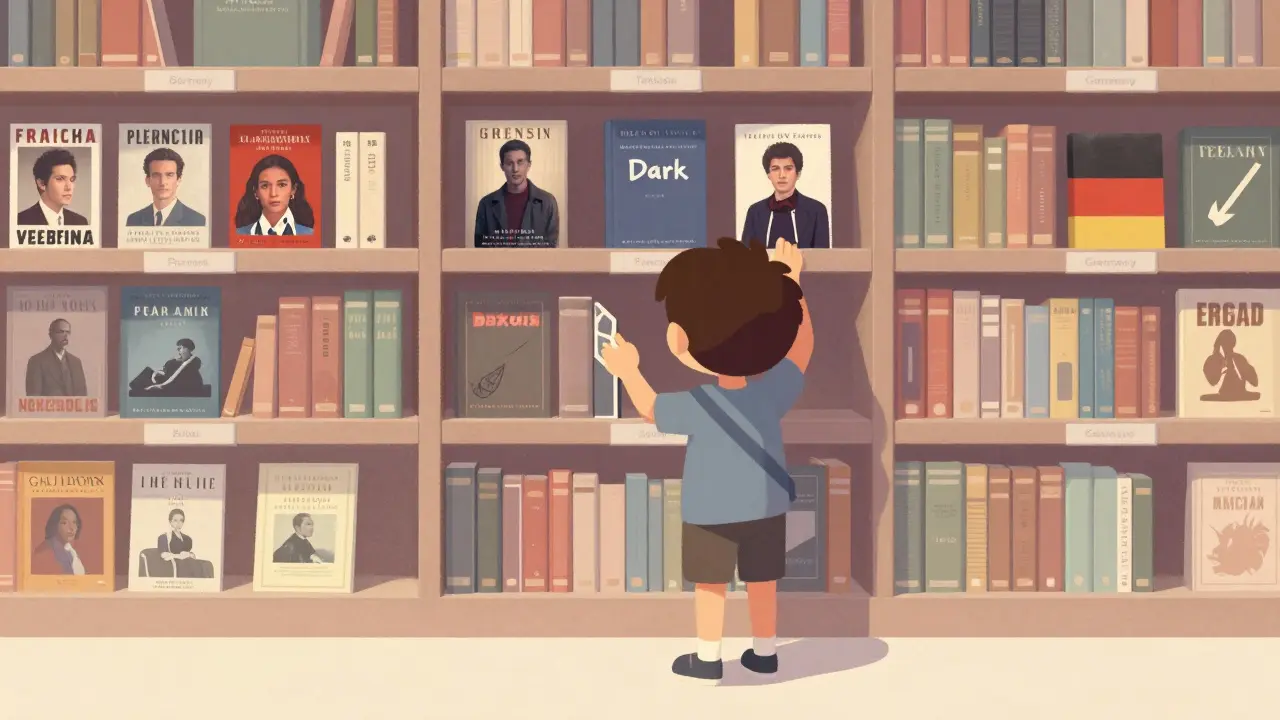 Bibliothèque géante avec des étagères par pays : films français, thrillers coréens, séries mexicaines, un livre 'Dark' manquant de l'étagère française.