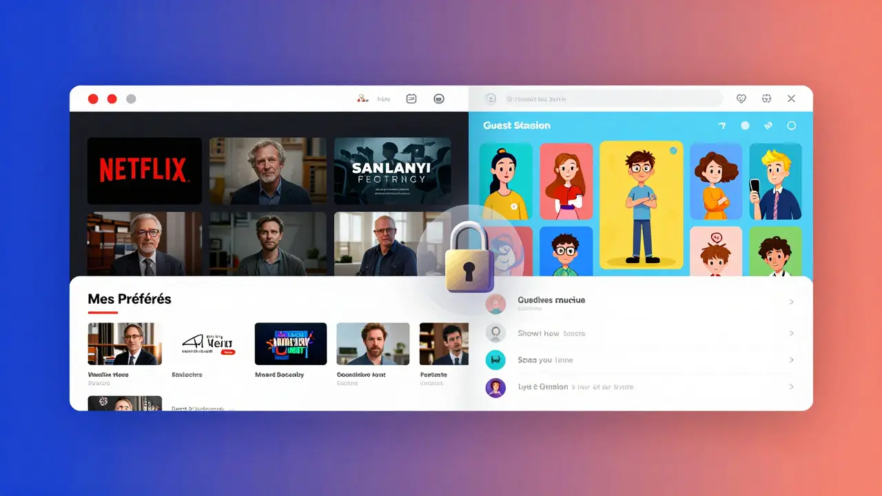Comparaison visuelle entre un profil personnel et une session invité, séparée par un symbole de protection.