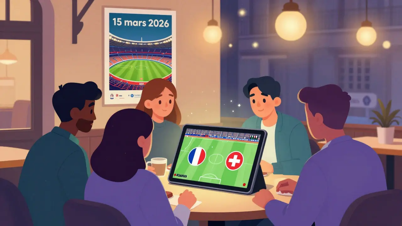 Des amis regardent un match amical France-Suisse dans un café parisien, éclairés par l'écran.