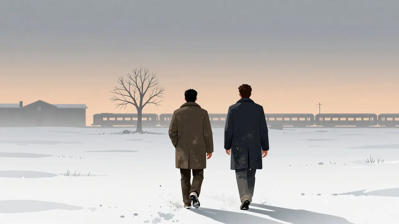 Deux hommes marchent vers un train dans la neige, leur destination inconnue mais leur détermination visible.