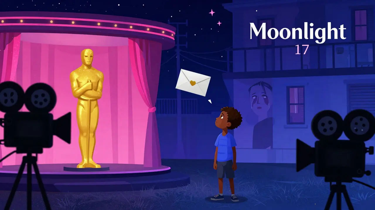 Deux mondes cinématographiques en collision : un musical lumineux et un film intimiste sombre, une enveloppe qui flotte.