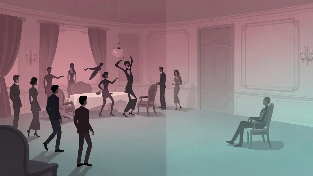 Deux visions d'une même salle : l'une encombrée de mouvements chaotiques, l'autre vide et paisible, en dégradés doux.