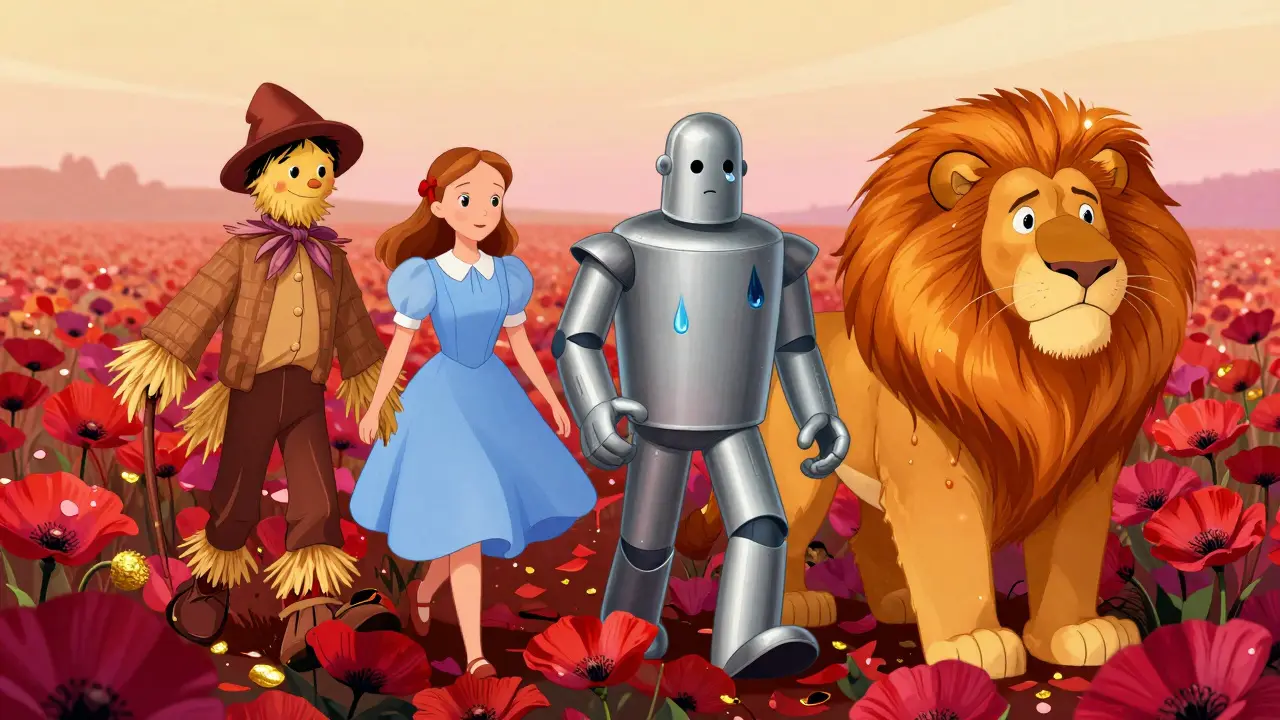 Dorothy et ses compagnons marchent dans un champ de coquelicots aux couleurs fluide.