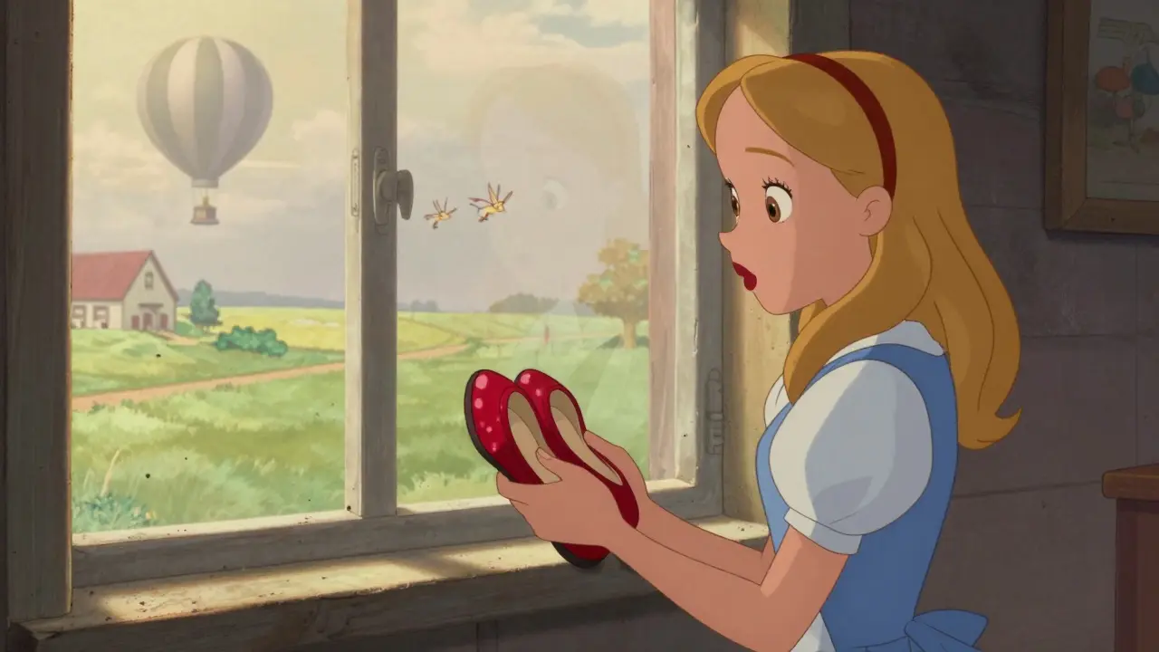 Dorothy serre ses chaussures rouges dans sa chambre du Kansas, un reflet d'Oz derrière elle.