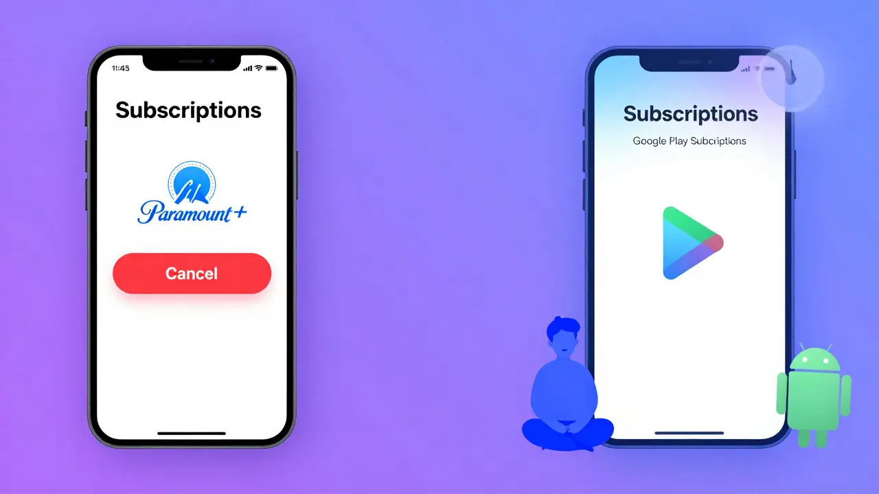 Écran d'iPhone et d'Android montrant les options d'annulation des abonnements Paramount+.