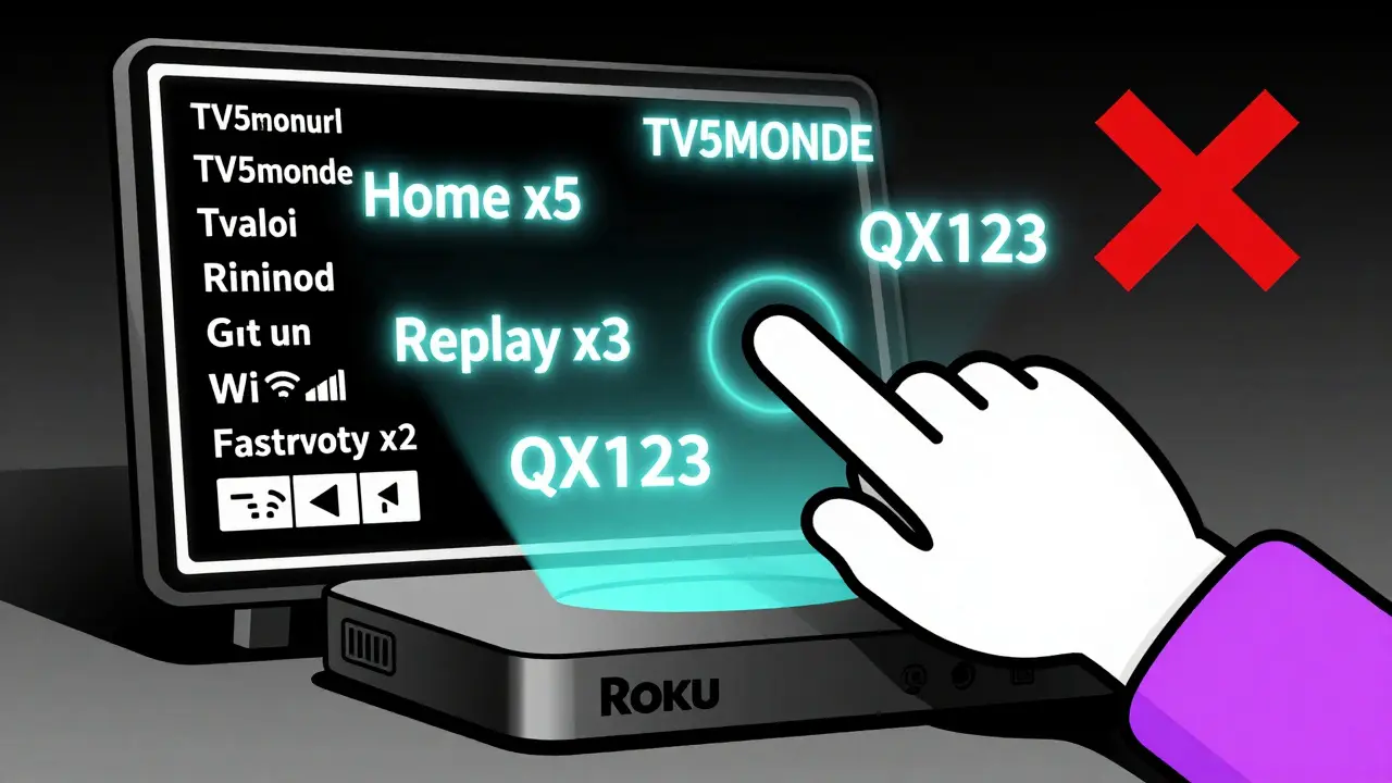 Écran de diagnostic Roku affichant des données techniques et des codes de canaux légaux flottants.