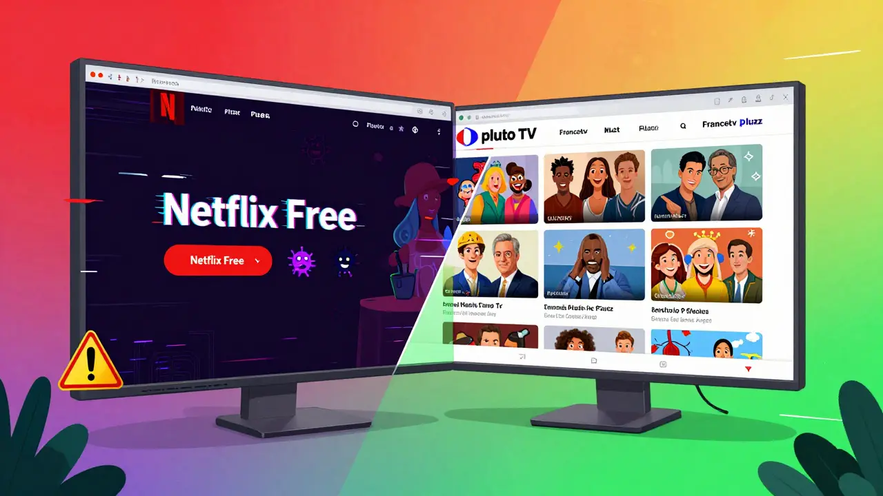 Écran divisé : site illégal à gauche, plateformes légales gratuites à droite, avec transitions de couleurs.