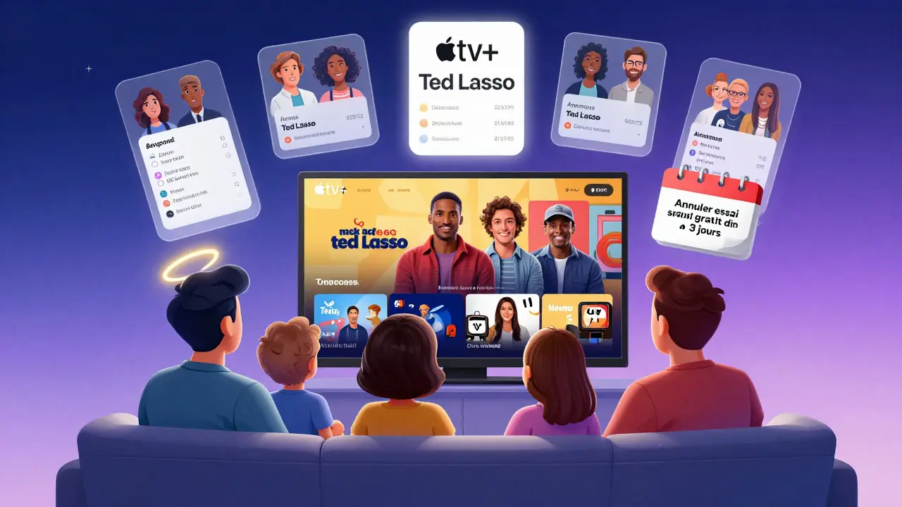 Famille regardant Apple TV+ avec profils individuels et rappel d'annulation d'essai gratuit.