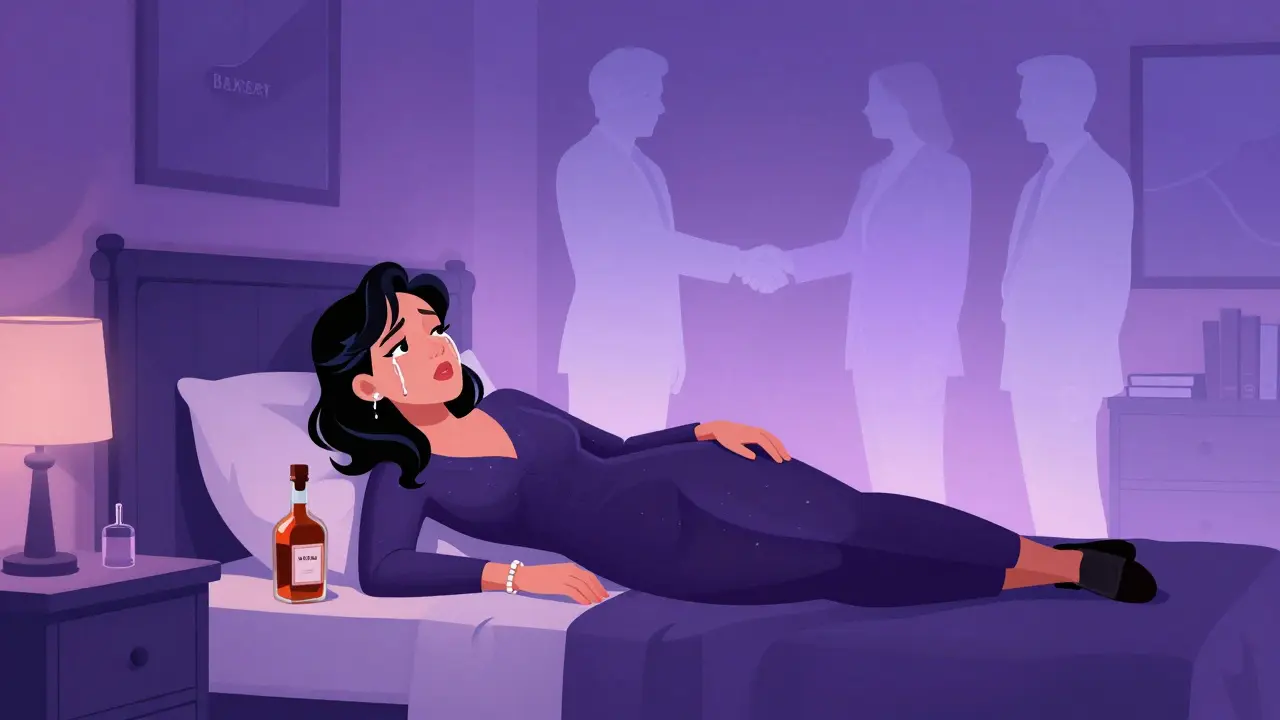 Fran assise sur le lit, pleurant en silence, entourée de silhouettes d'hommes d'affaires floues.