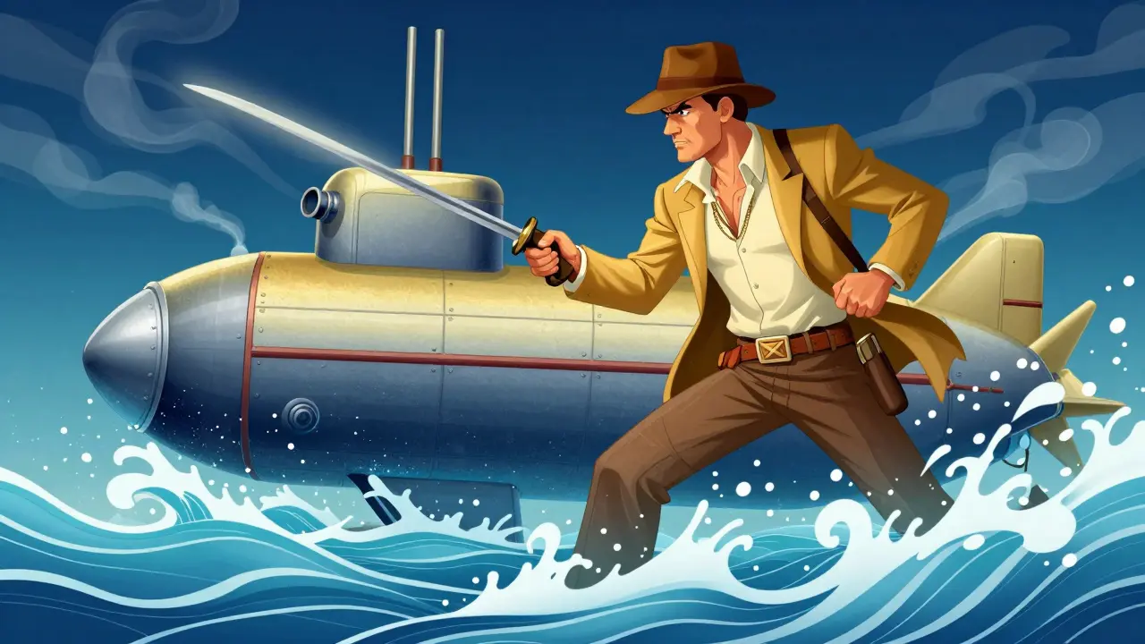 Indiana Jones et René Belloq se battent au sabre à bord d'un sous-marin.