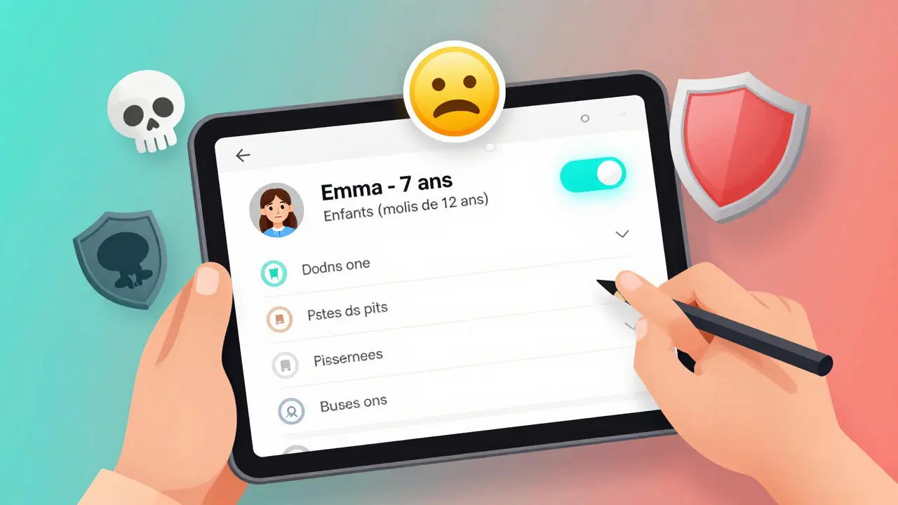 Interface Max avec un profil enfant activé, des icônes de contenu inapproprié bloquées par un bouclier en forme de cœur.