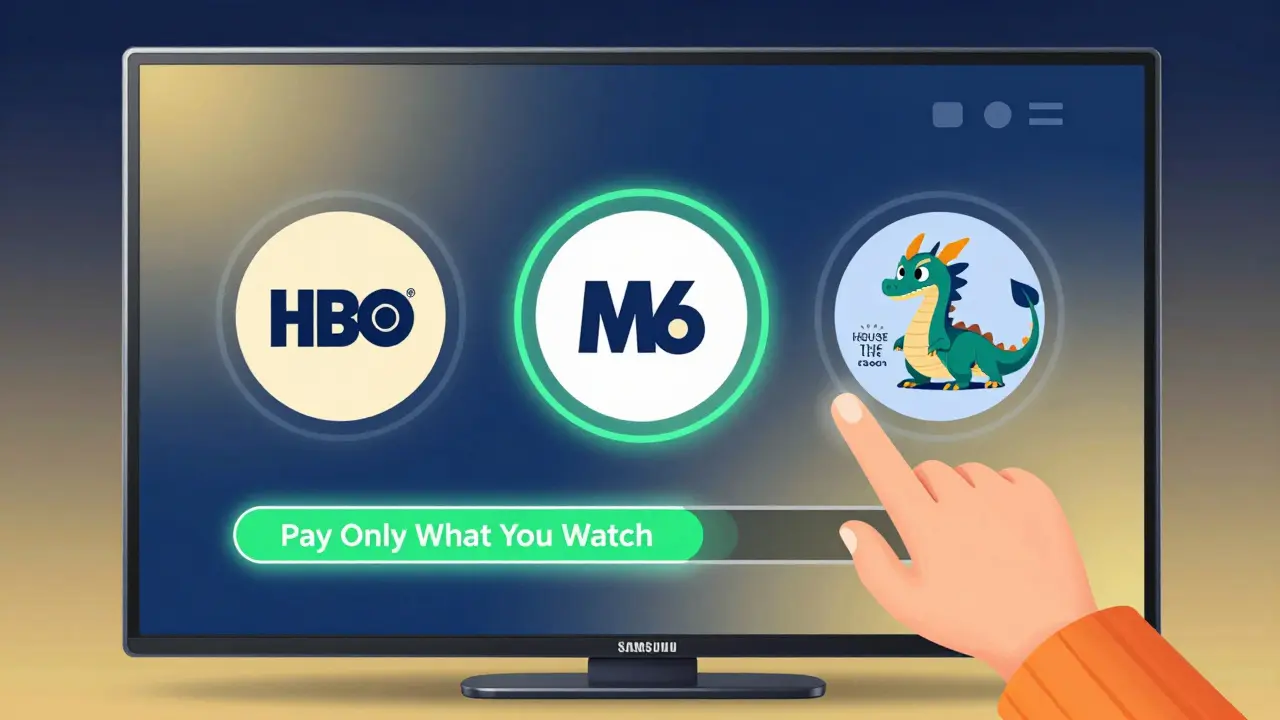 Interface TV intelligente permettant de choisir des services de streaming avec un système de paiement adapté à l'usage.