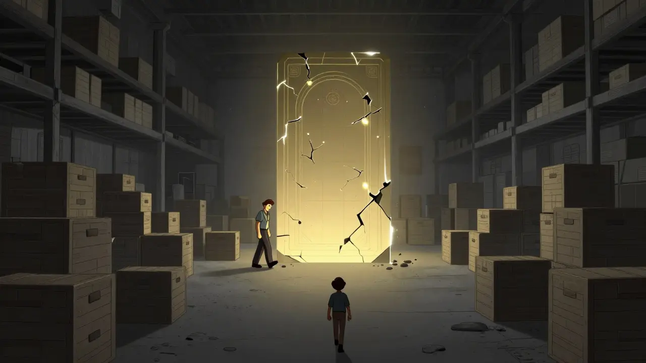 L'arche de l'alliance cachée dans un entrepôt sombre, lumière douce émanant d'elle.