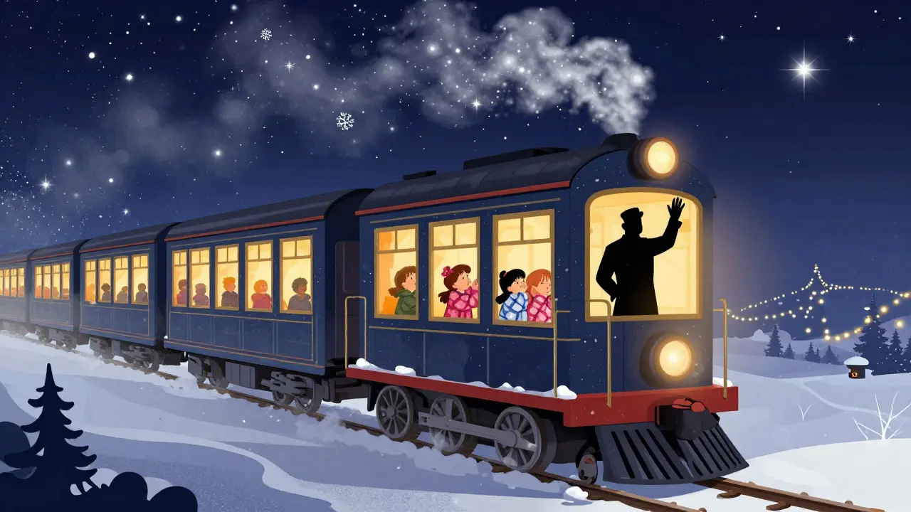 Le train du Polar Express traverse un ciel étoilé, des enfants regardent par les fenêtres vers le Pôle Nord scintillant.