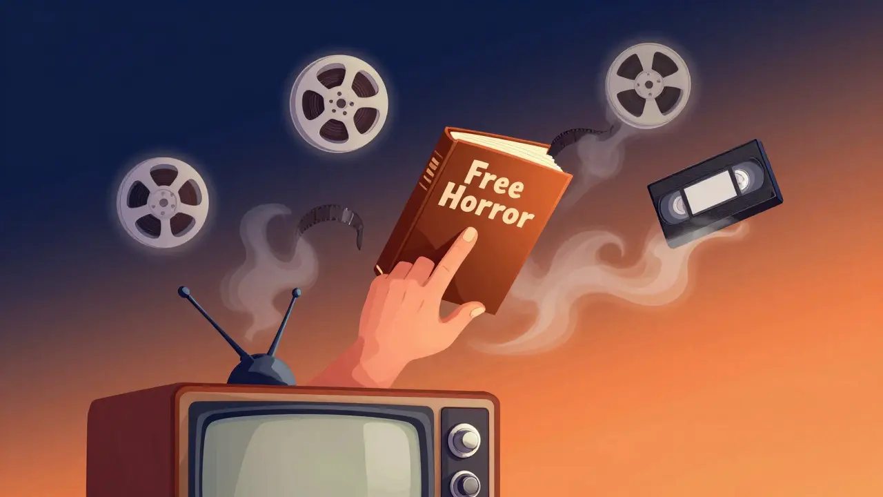 Main sortant d'une télévision vintage touchant un livre flottant intitulé 'Horreur Gratuite', entouré de bobines de film.