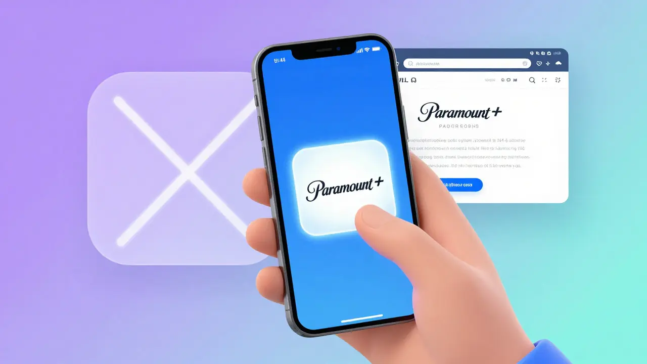 Main tenant un téléphone affichant les paramètres Apple avec l'abonnement Paramount+ sélectionné.