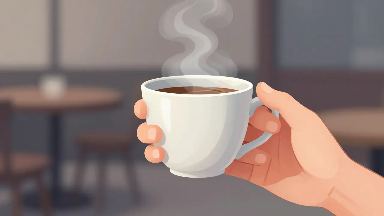 Mains serrant une tasse de café, doigts tremblants, dans un style d'illustration aux dégradés colorés.