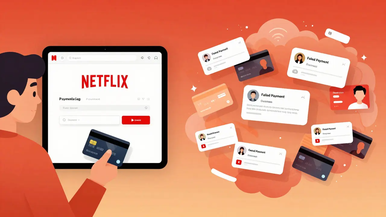 Mise à jour d'un moyen de paiement Netflix face à un chaos de paiements échoués.