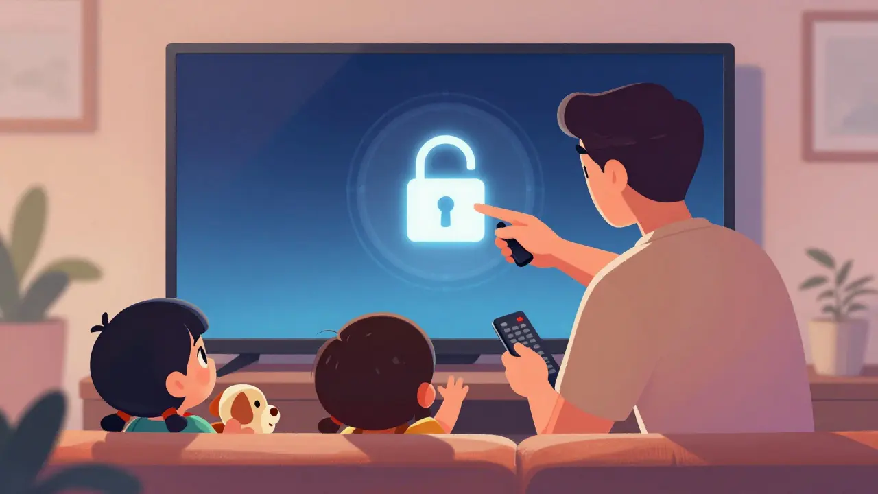 Parent verrouille le profil enfant avec un code PIN sur un écran de télévision.