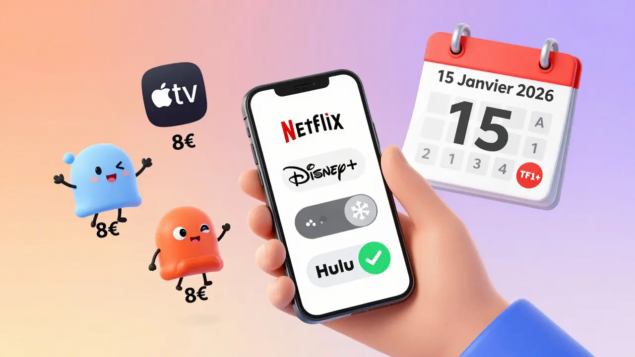 Personne gérant ses abonnements streaming avec un service désactivé, un autre en pause et un actif.