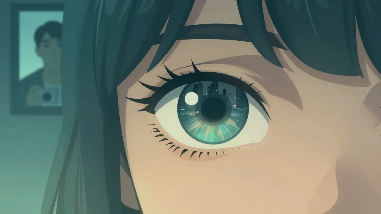 Plan rapproché d’un œil reflétant une ville déformée, symbole de l’obsession et de la peur.