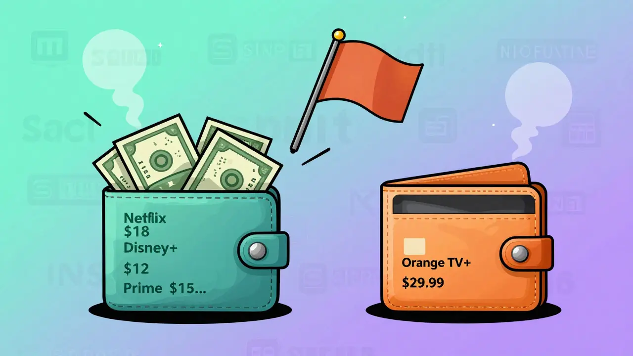 Portefeuille surchargé comparé à un portefeuille mince avec un seul abonnement streaming économique.