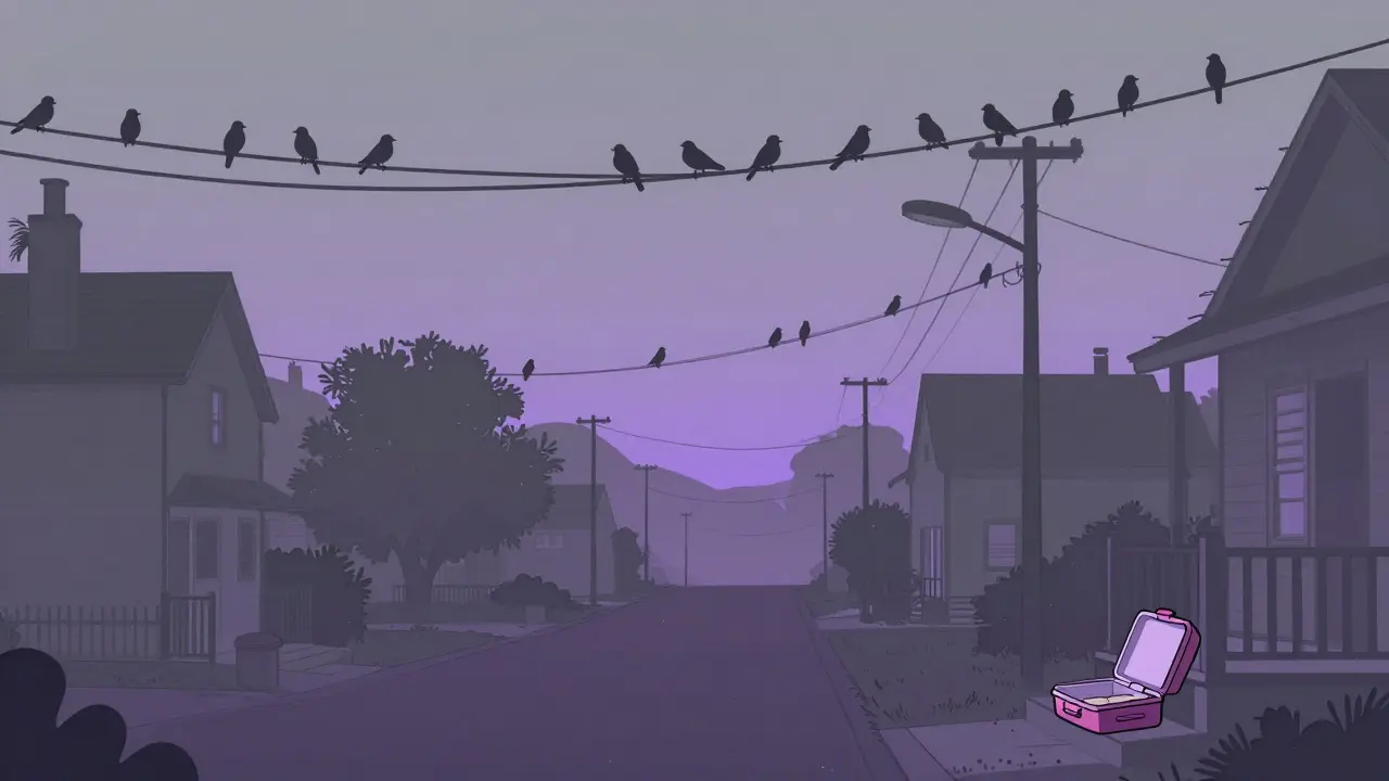 Rue calme avec des oiseaux sur un fil électrique et une boîte à lunch ouverte, silence oppressant.