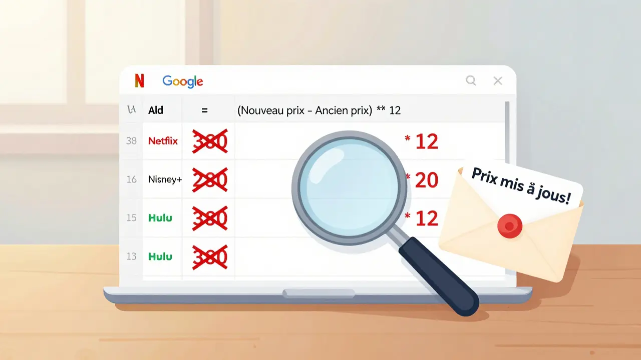 Tableur simple montrant les nouvelles tarifications de Netflix, Disney+ et Hulu avec une formule de calcul.