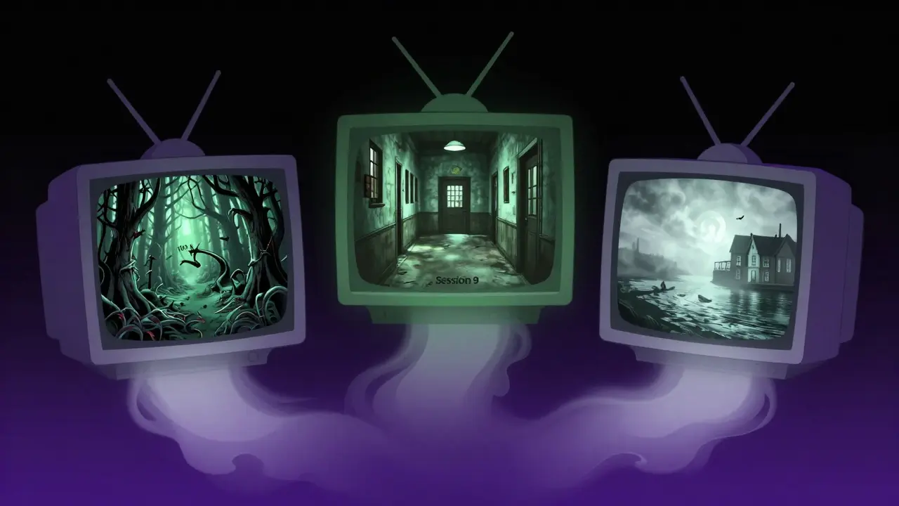 Trois écrans flottants montrant des scènes emblématiques de films d'horreur dans un fond sombre aux dégradés colorés.