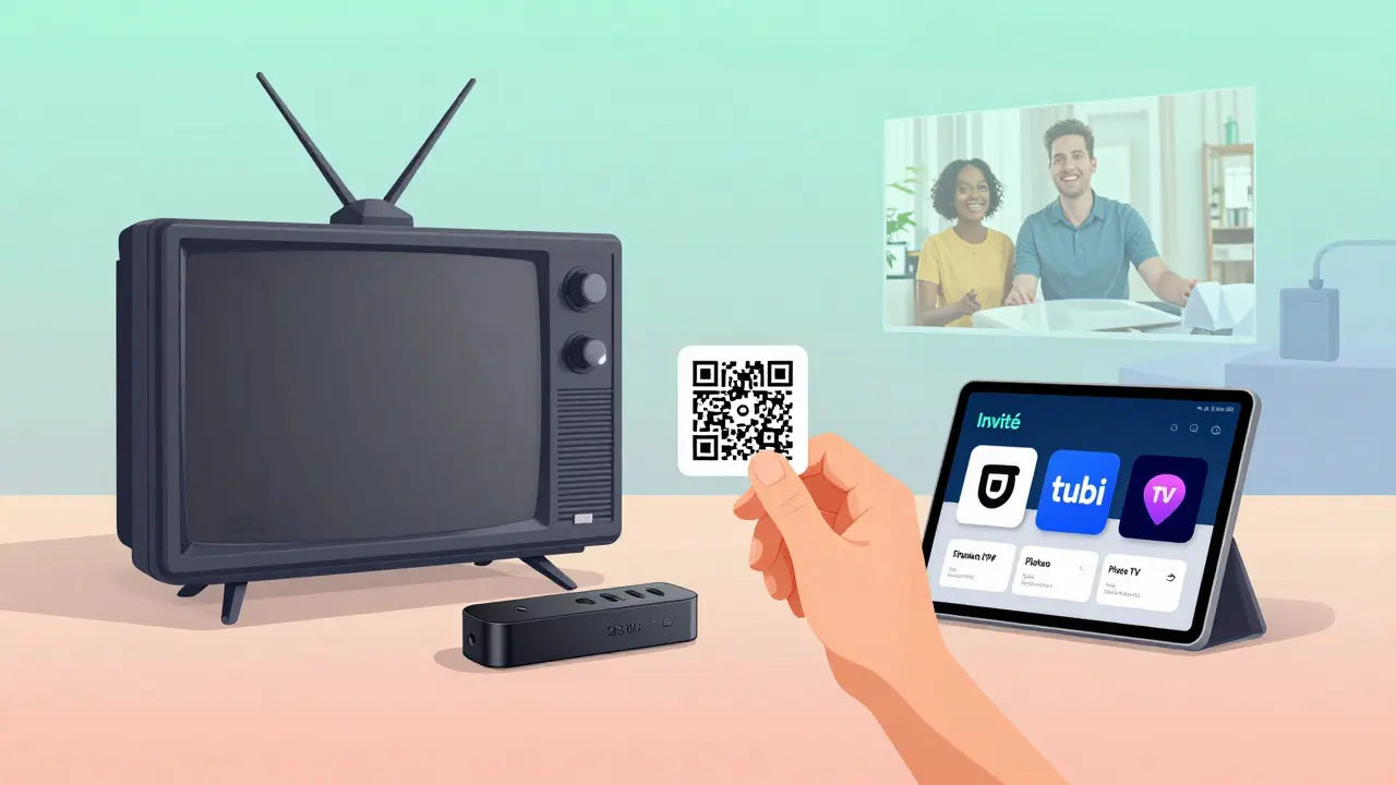 Un ancien téléviseur et un boîtier moderne montrent des alternatives sans mot de passe pour les invités.