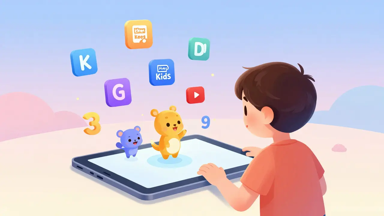 Un enfant explore un monde numérique coloré avec des applications éducatives flottantes dans un paysage en dégradé.