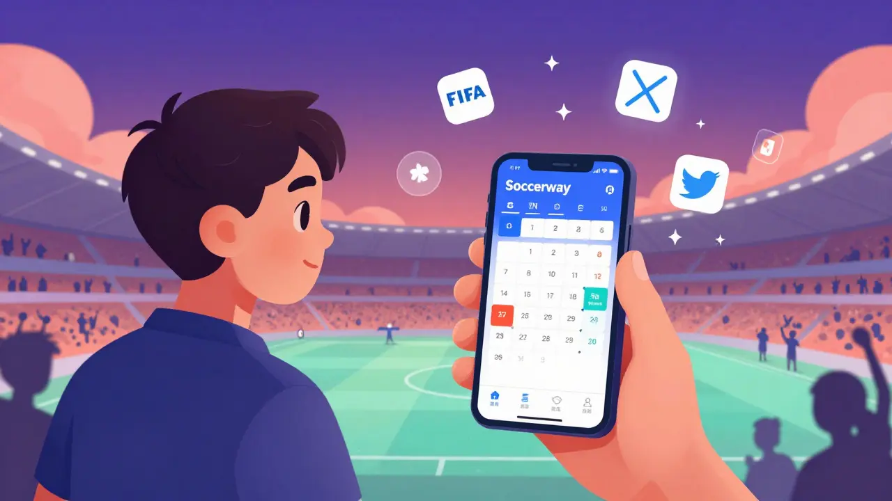 Un fan consulte Soccerway sur son téléphone avec les matchs amicaux de 2026 en évidence.