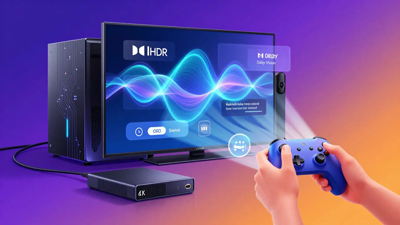 Un Nvidia Shield TV Pro connecté à un NAS, projetant un film 4K HDR avec des sous-titres personnalisés flottants et des effets de latence nulle.