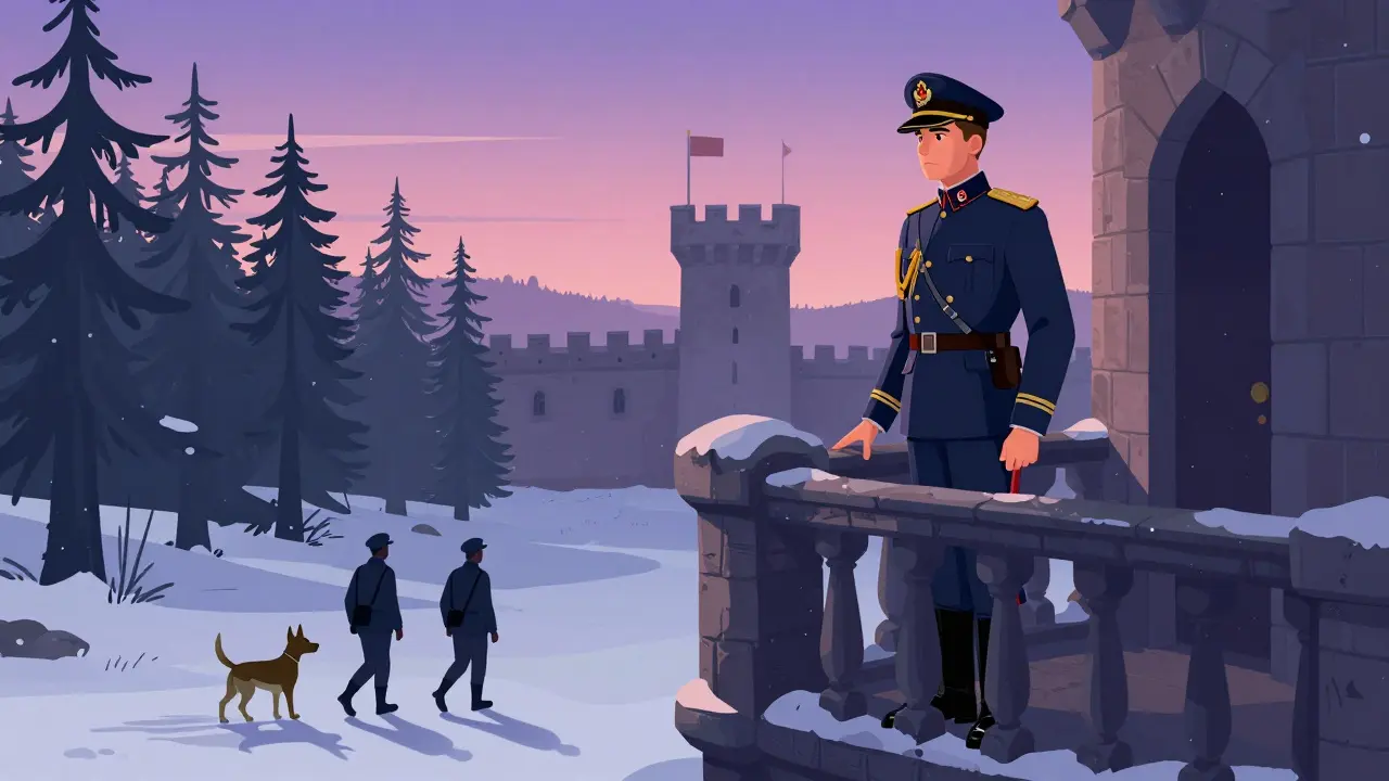 Un officier allemand regarde deux prisonniers s'échapper dans la neige, seul sur un balcon.