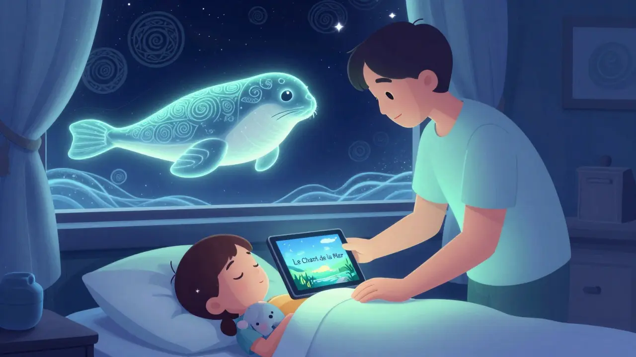 Un parent referme un écran après un film apaisant, tandis qu’un phoque magique flotte dans le ciel étoilé au-dessus du lit de l’enfant.