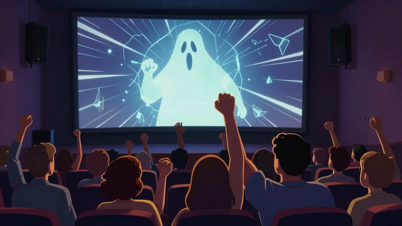 Un public de cinéma des années 80 qui saute ensemble, illuminé par la lueur d'un écran d'horreur, dans un style artistique aux teintes douces.