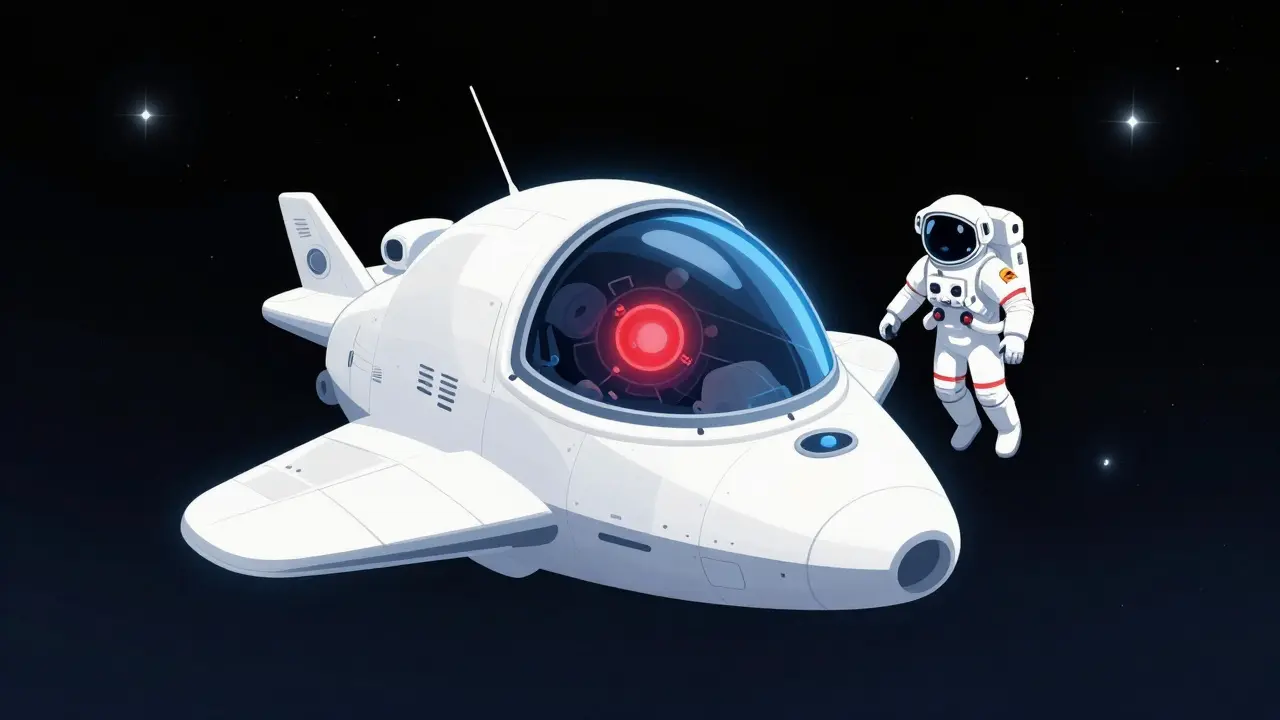 Un vaisseau spatial flotte dans l'espace, avec un astronaut et un cœur d'IA rouge brillant.