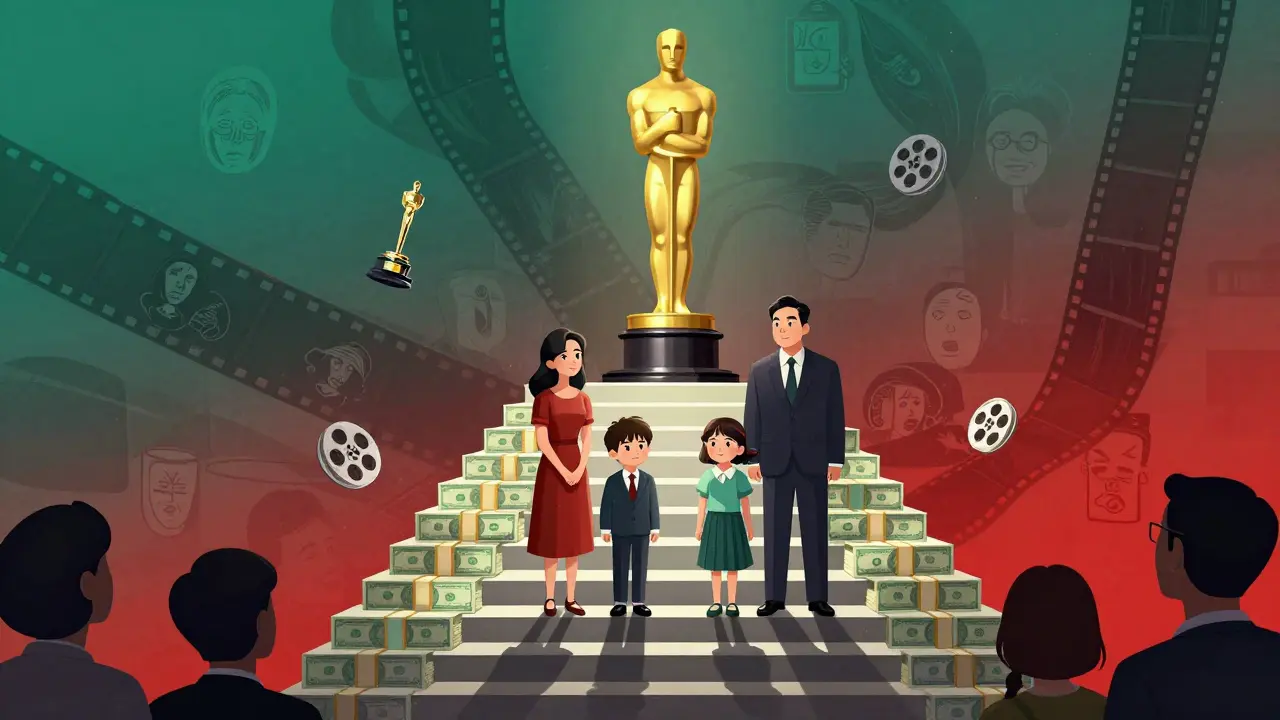 Une famille coréenne sur un escalier d’argent, un Oscar brillant en haut, gradients sombres et vifs.