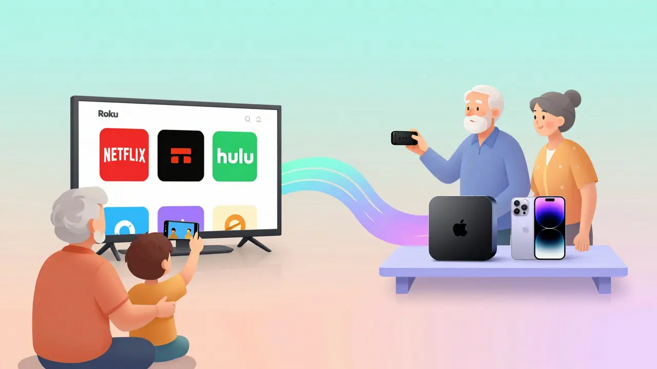 Une famille utilisant différents appareils de streaming : Roku, Chromecast et Apple TV, reliés par des lignes de dégradés colorés dans une ambiance douce.
