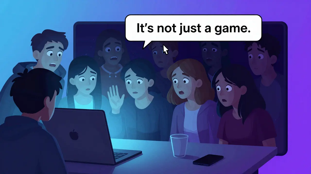 Amis regardant une vidéo appel pendant une séance spirite, visages éclairés par l’écran, ambiance mystérieuse.