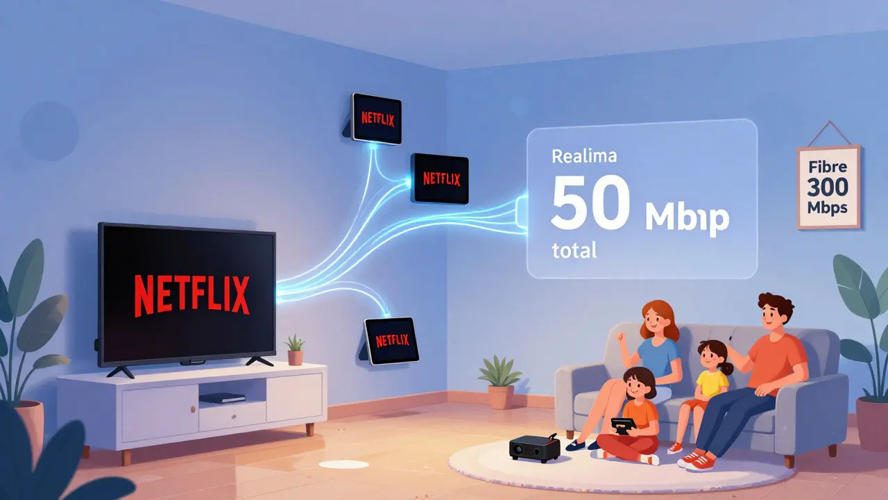 Appartement français en 2026 avec fibre optique alimentant plusieurs appareils en streaming 4K simultané.