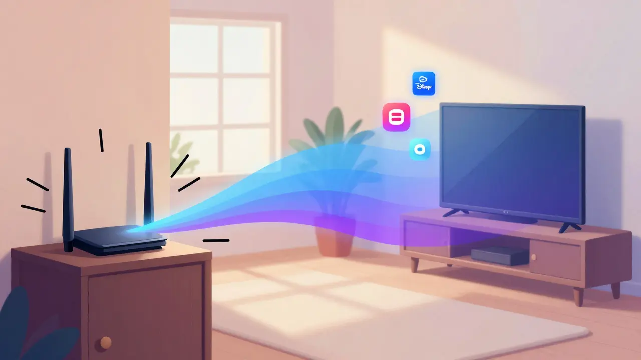 Comparaison entre un routeur bloqué dans un meuble et un autre bien positionné, avec des vagues de signal.