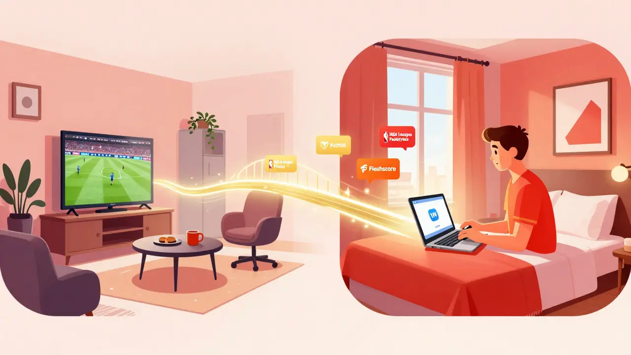 Comparaison stylisée entre un foyer en France et un voyageur à l'étranger, reliés par un flux de données en streaming.