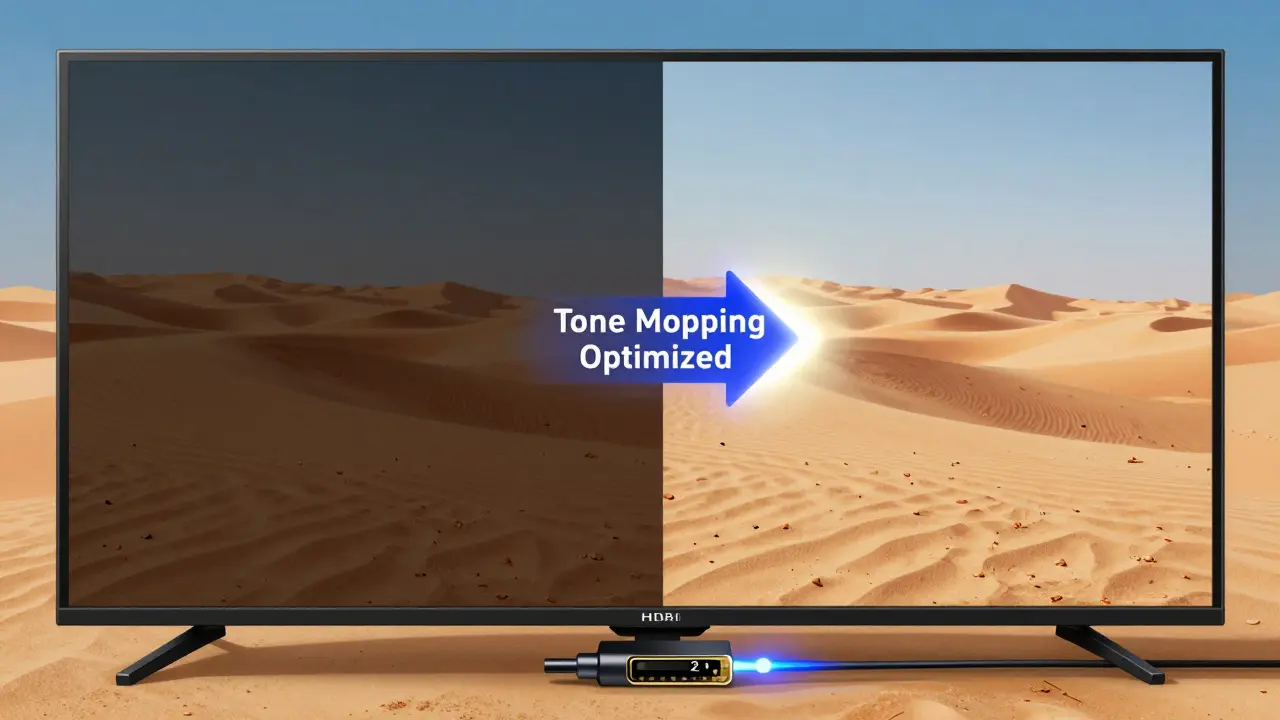 Comparaison visuelle d'une image HDR mal affichée à côté de la même scène avec des détails riches et des lumières réelles.