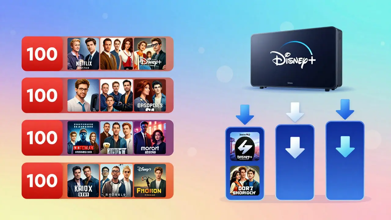 Comparaison visuelle des capacités de téléchargement de Netflix, Disney+ et Max avec des barres de stockage et icônes de contenus.