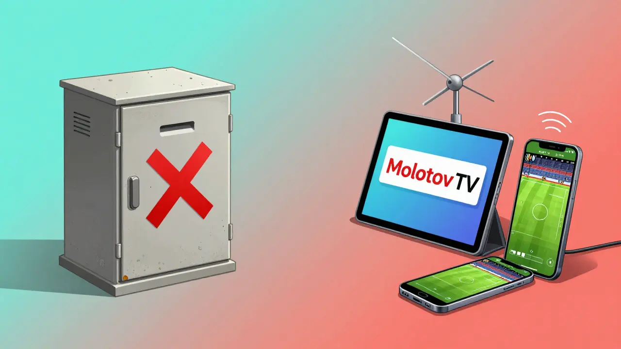 Comparaison visuelle entre une box câble abandonnée et un ensemble moderne avec antenne et tablette affichant Molotov.