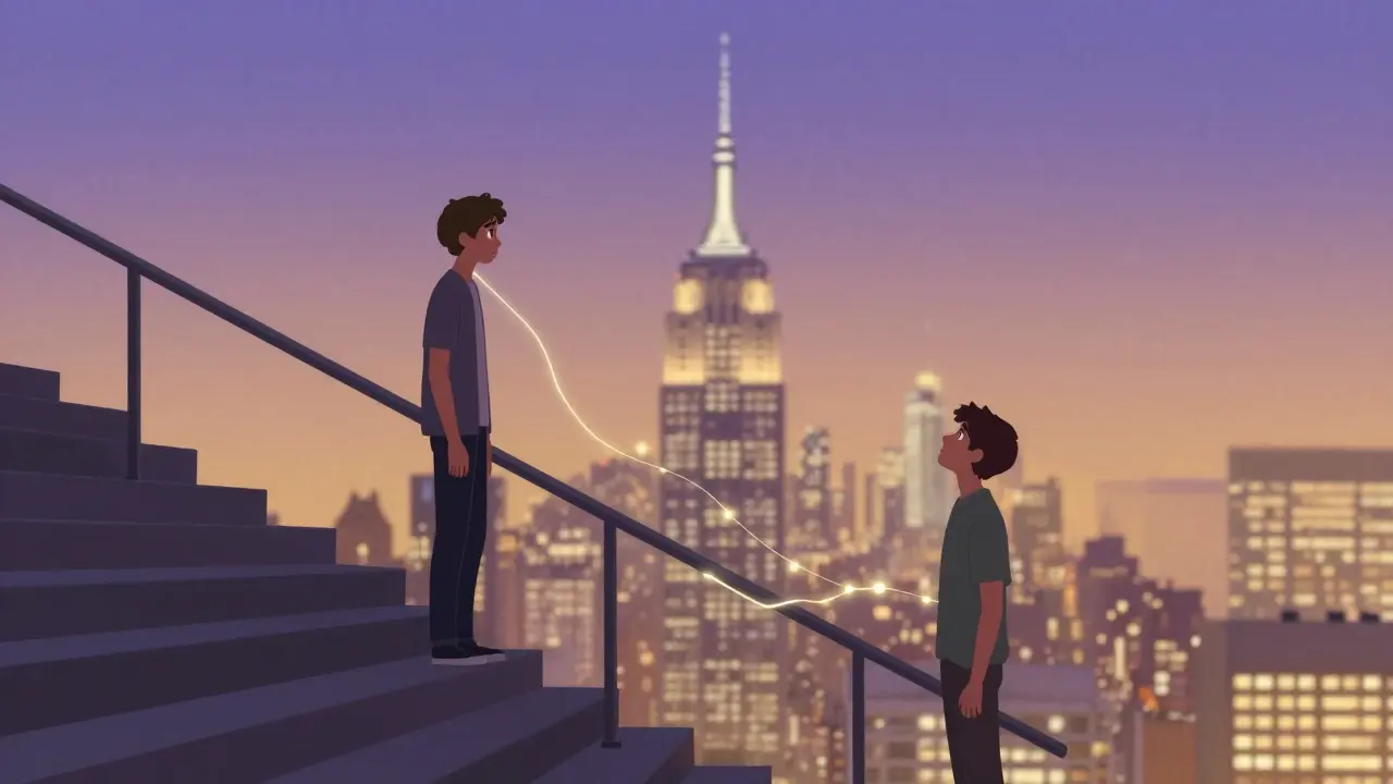 Deux personnes au sommet de l'Empire State Building, séparées mais reliées par une lumière subtile, dans une atmosphère de tension douce.