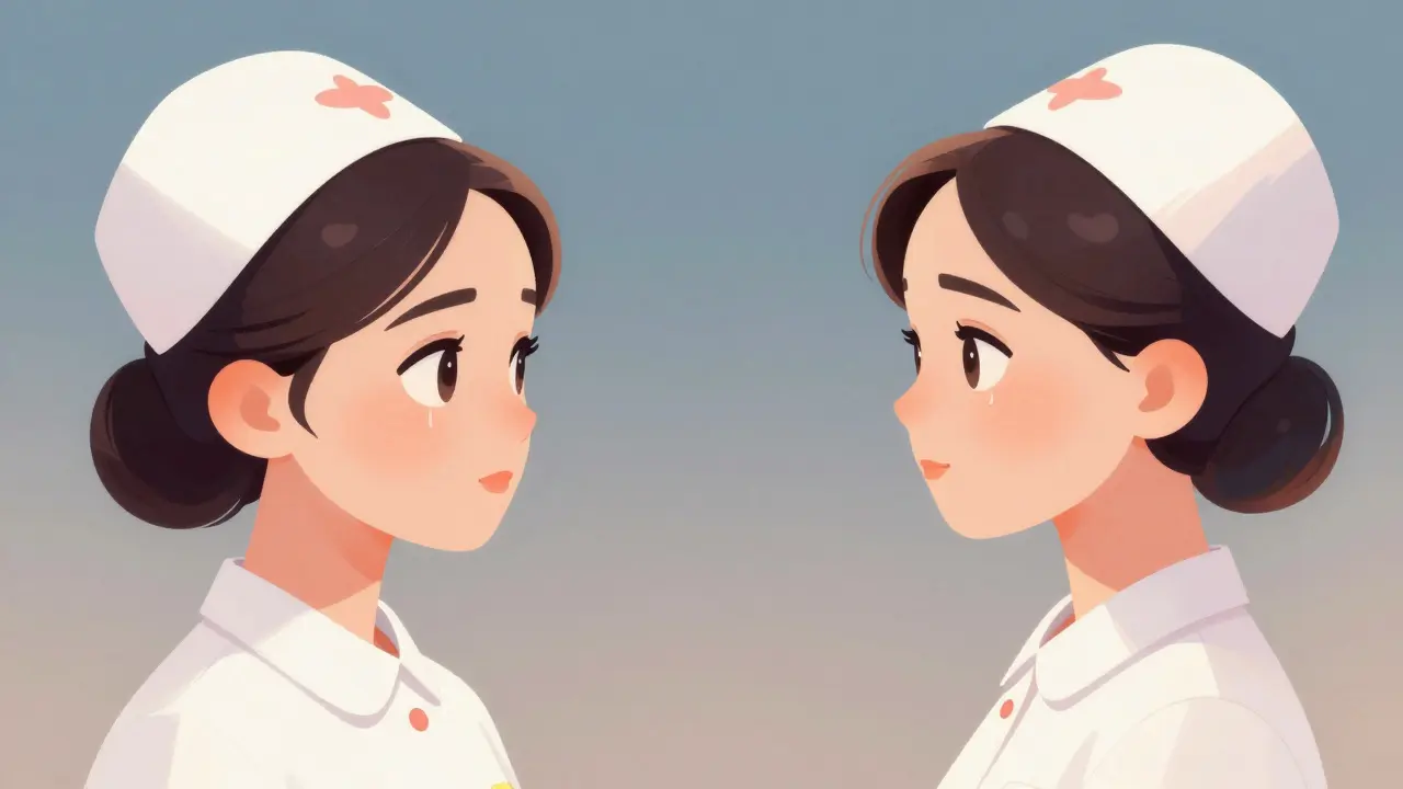 Deux visages identiques se regardent en silence, sans maquillage ni costume.